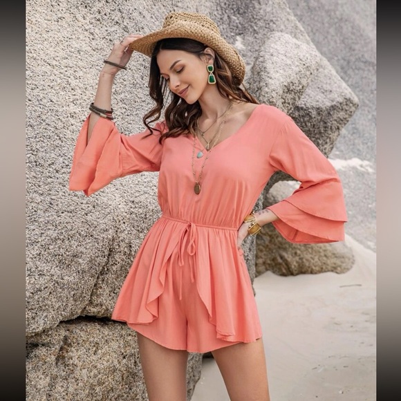 #130 Modern Bohemia Crush Ruffles Sleeves Peachy Romper 100% Viscose - Picture 7 of 9